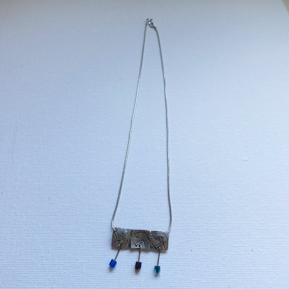 Handmade Silver Necklace with Blue, Black, and Teal Beads - Unique Design